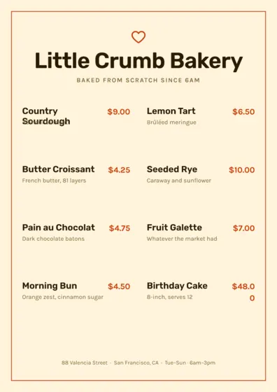Marigold Bakery Menu A4