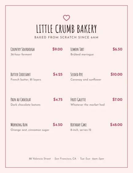 Blush Bakery Menu Letter