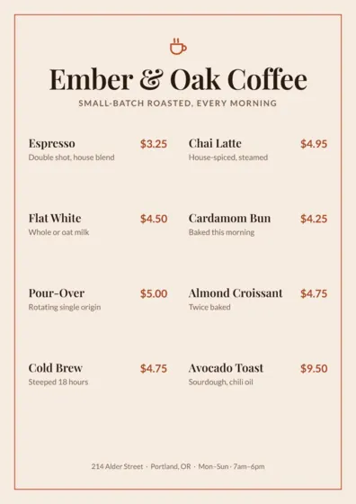 Terracotta Coffee Shop Menu A4