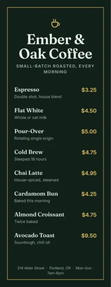 Forest Coffee Shop Menu Tall (4.25 X 11 In)