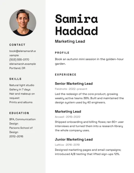 Ink Photography Studio Resume Letter