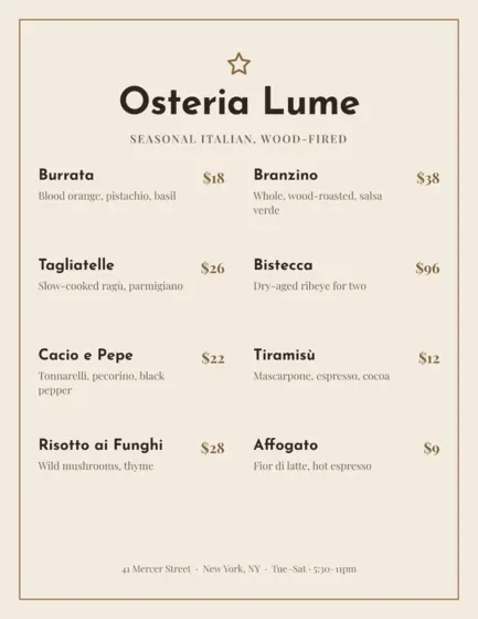 Sand Restaurant Menu Letter