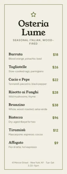 Olive Restaurant Menu Tall (4.25 X 11 In)