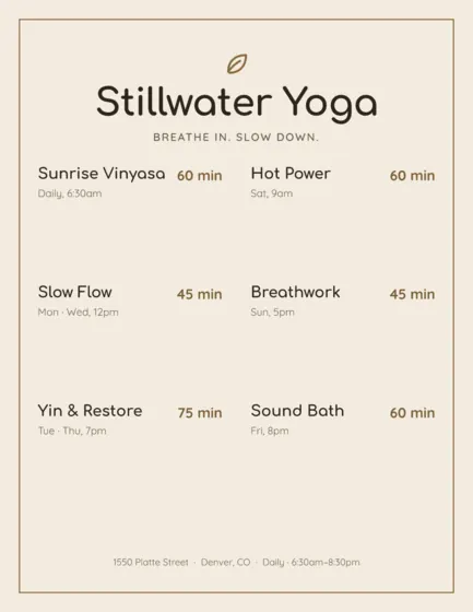 Sand Yoga & Wellness Menu Letter